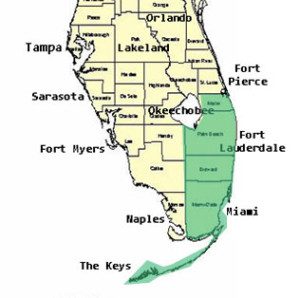 A map of florida with the names of each city.