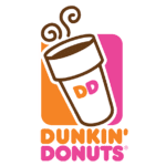 A dunkin donuts logo with a coffee cup.