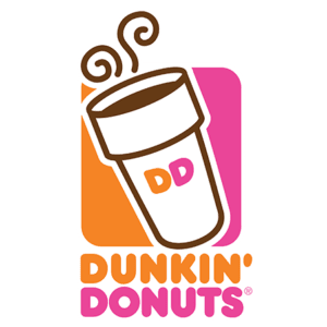 A dunkin donuts logo with a coffee cup.